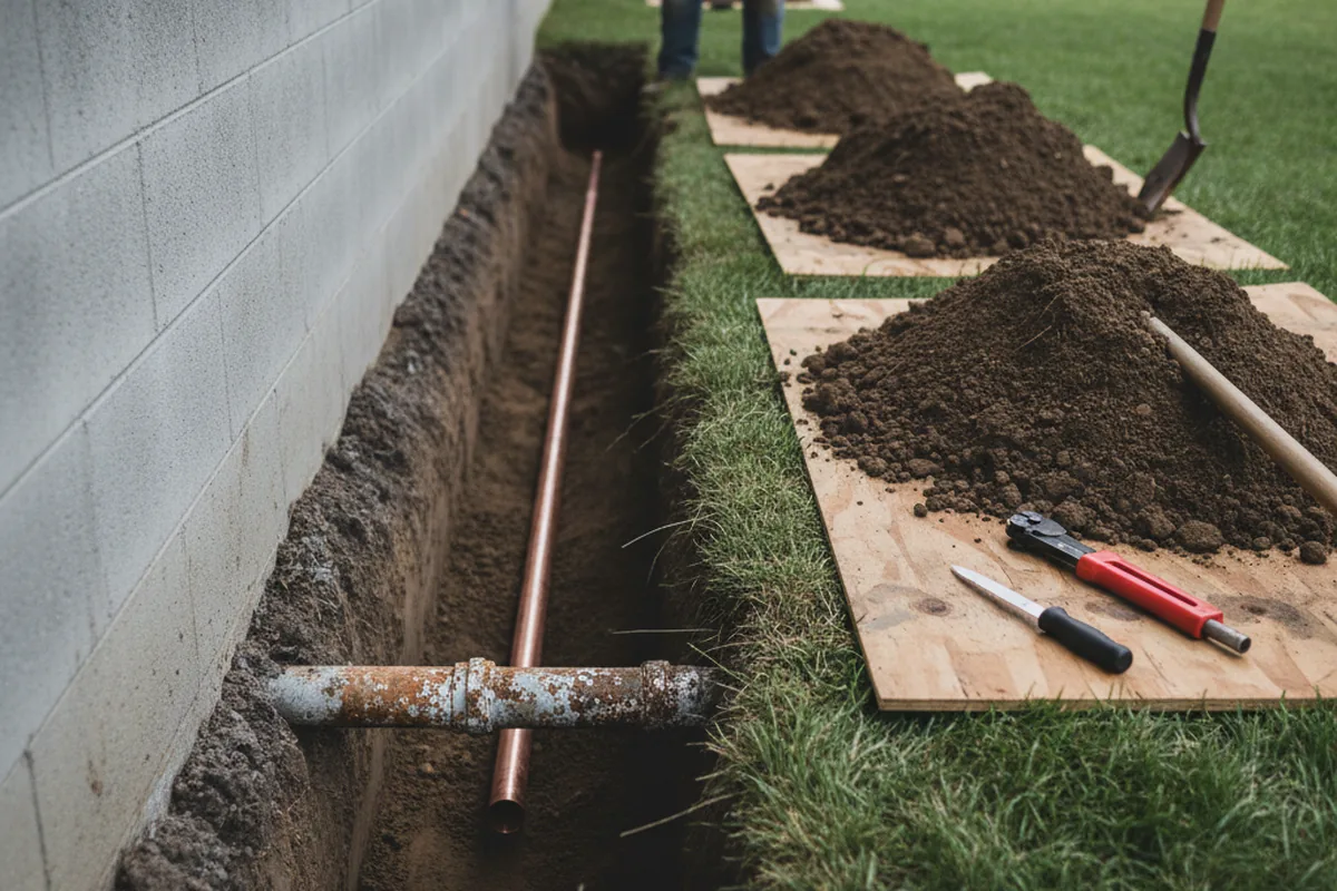 Excavated water line trench during Water Softener Installation in Riva